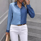 Women's Spring Summer Casual Single Breasted Solid Color Color Matching Long Sleeve Collared Shirt Women Top