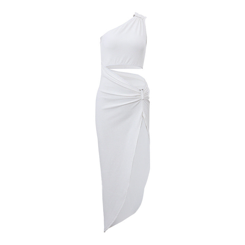 Shoulder Faux Two Piece Hollow Out Cutout High Waist Slit Dress