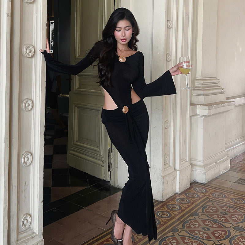 Women's Cropped Cutout Long-Sleeve Two-Piece Skirt Set