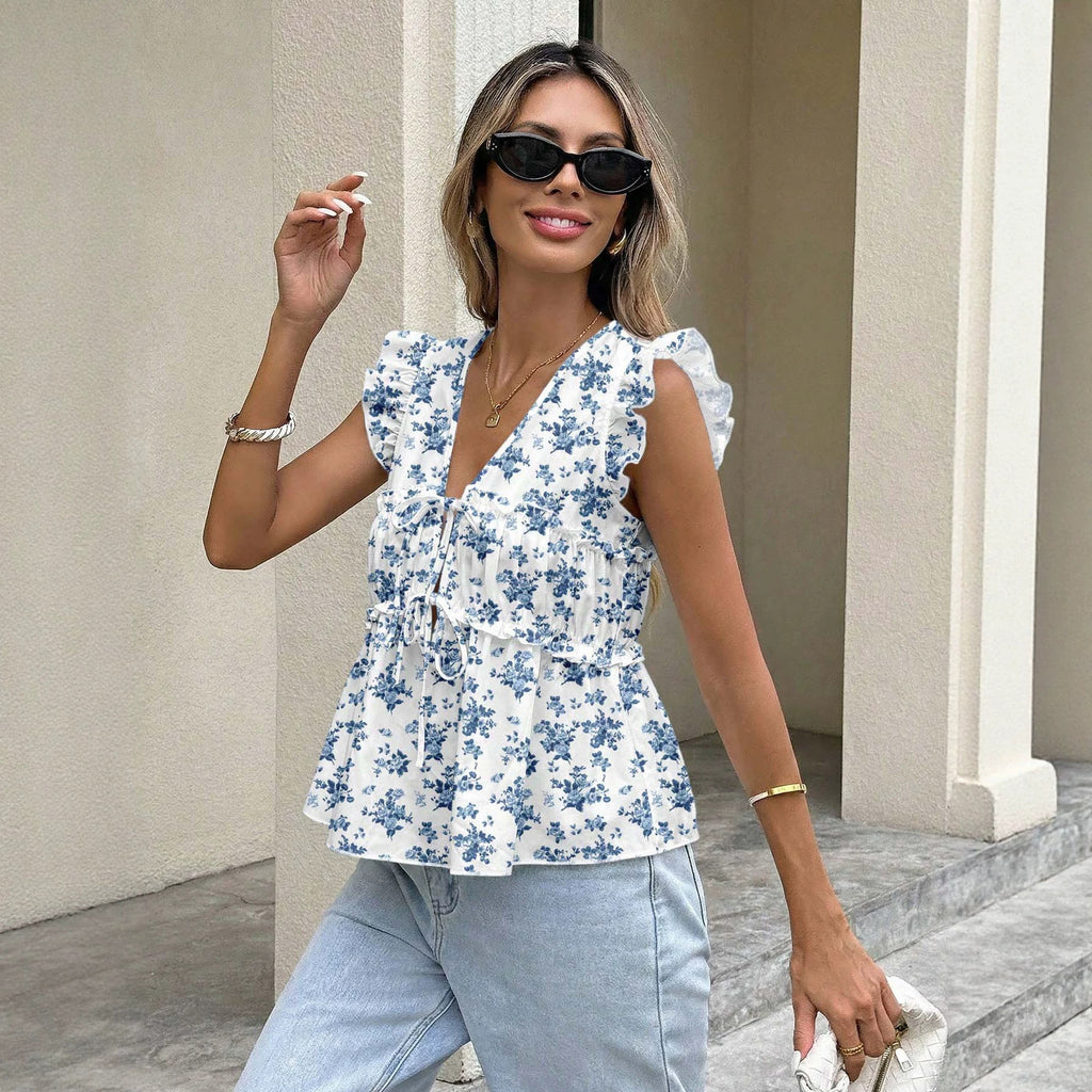 V neck Flounced Sleeve Floral SL Top Women Summer Ruffles