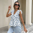 V neck Flounced Sleeve Floral SL Top Women Summer Ruffles
