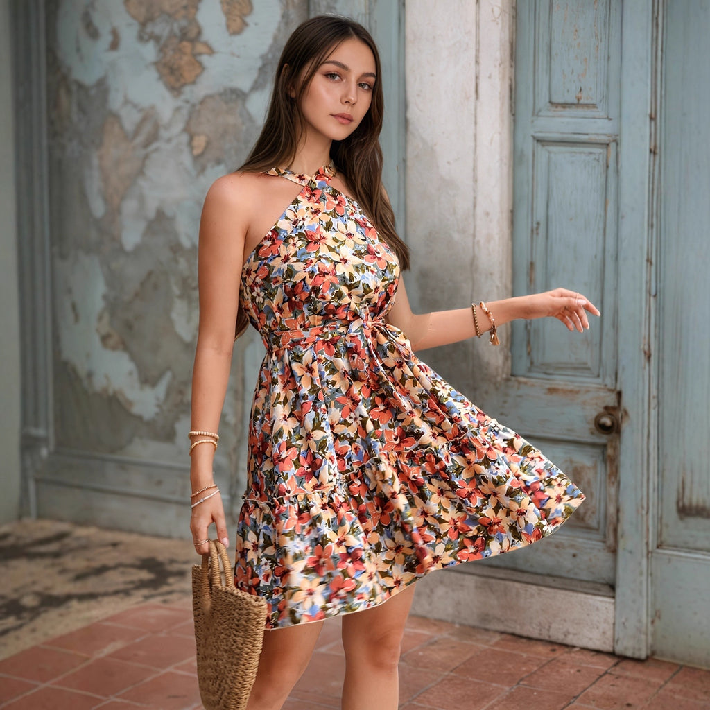 Women's Bohemian Floral Pleated Halter Dress