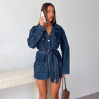 Women's Belted Mid-Length Denim Jacket