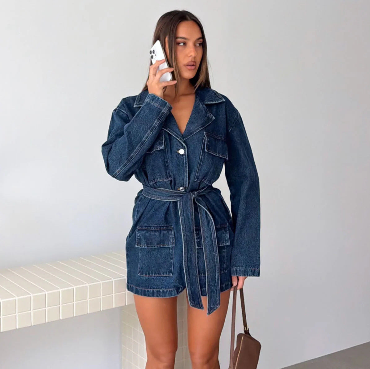Women's Belted Mid-Length Denim Jacket
