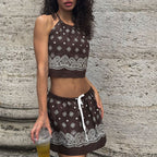 Digital Vintage Print Lace up Halterneck Backless