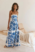 Strapless maxi dress with blue tie-dye floral print on white, fitted bust and skirt