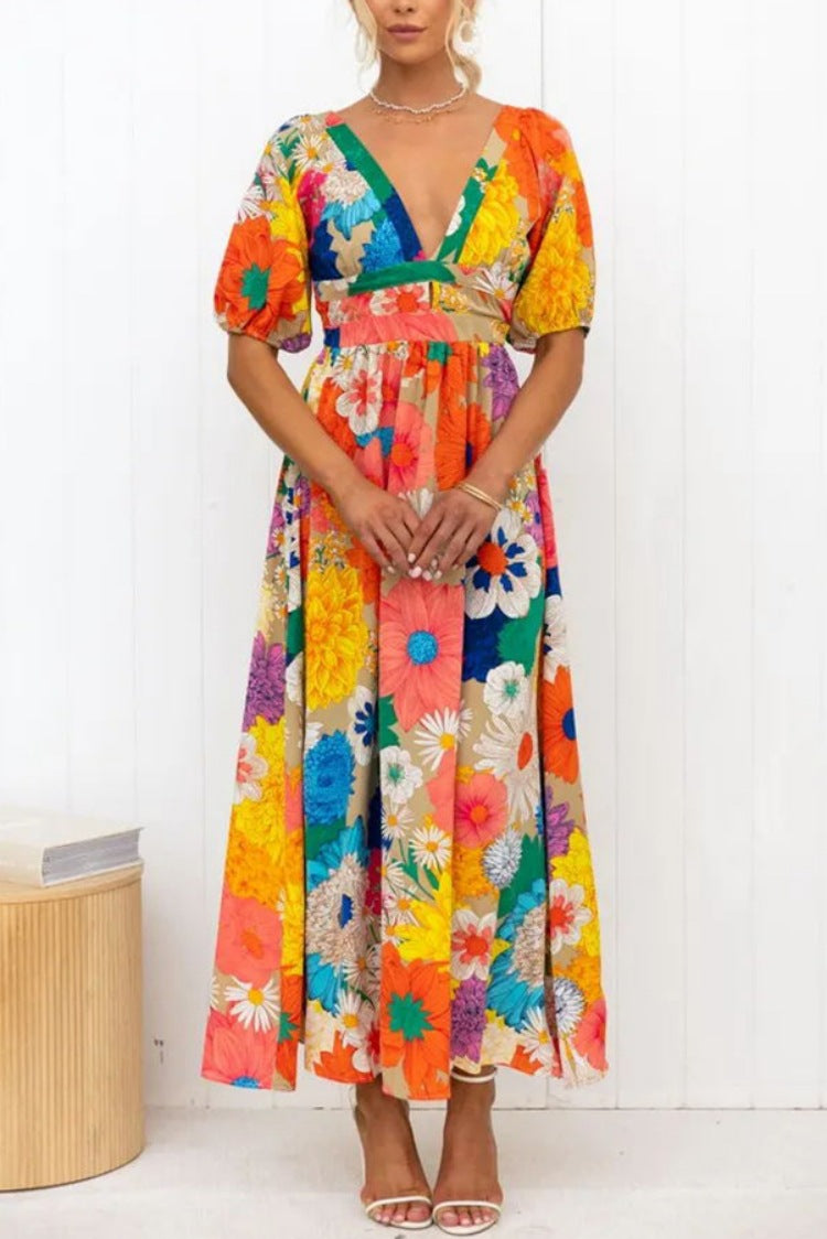 V-Neck French Printed Puff-Sleeve Dress