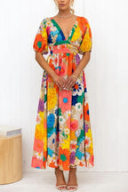 V-Neck French Printed Puff-Sleeve Dress