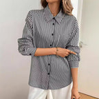 Women's Autumn Winter Elegant Women Striped Printed Back Bow Front Button Long Sleeve Shirt