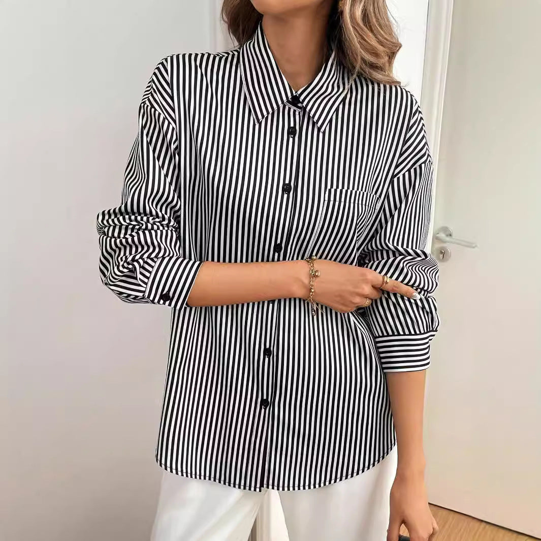 Women's Autumn Winter Elegant Women Striped Printed Back Bow Front Button Long Sleeve Shirt