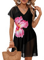 Black V-neck short-sleeve dress with pink floral print and gathered waist