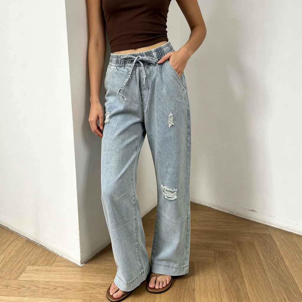 Source Elastic Waist Design Drawstring Casual Women Jeans