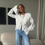 French Lace Stitching Tied Waisted Long Sleeved Shirt Women