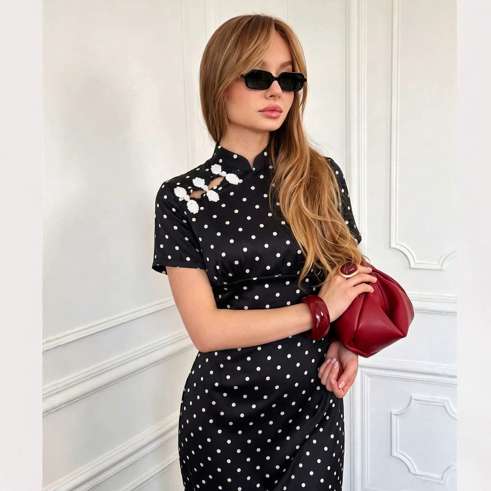 Women's Autumn Ladies Slim Chinese Polka Dot Short Sleeve Dress