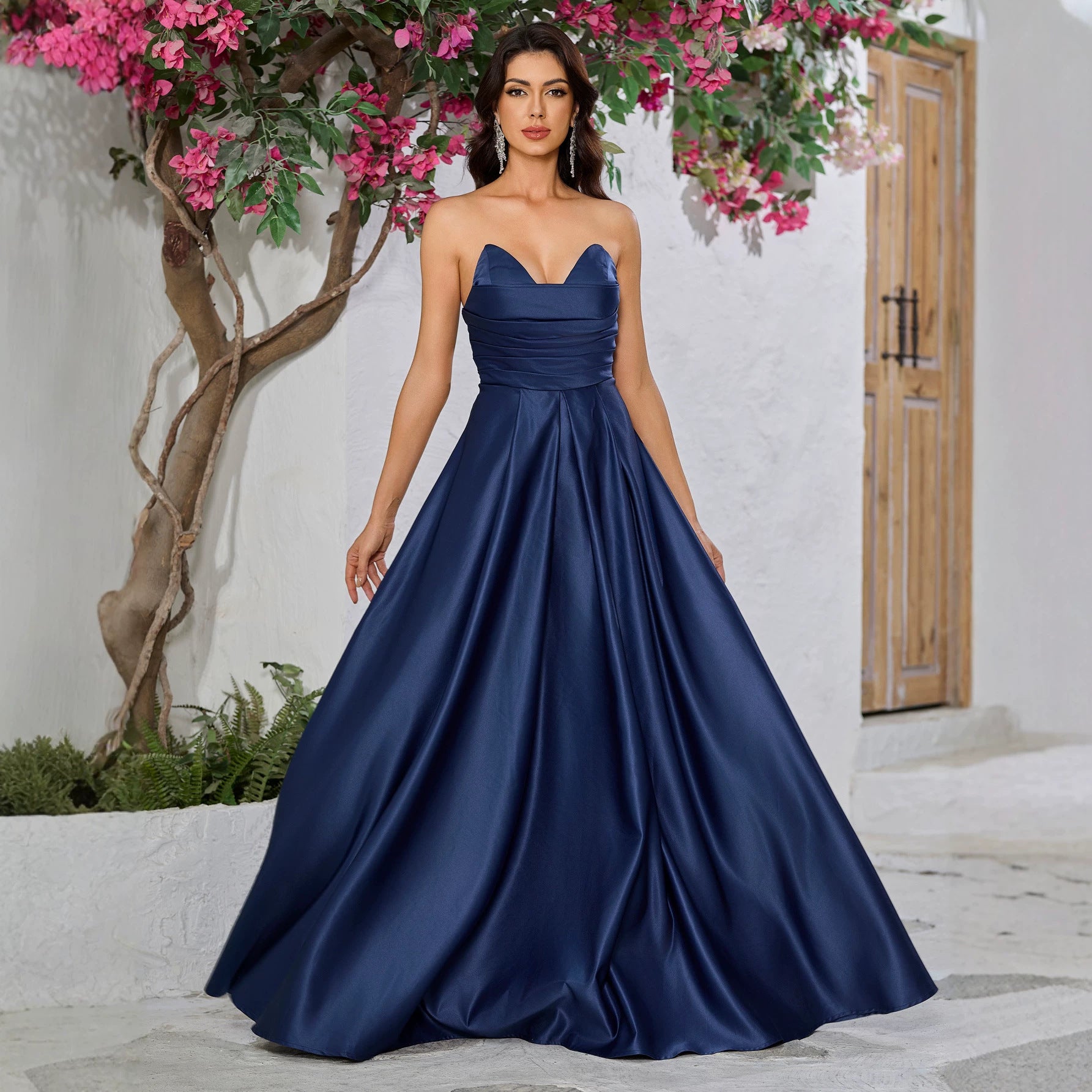 Royal blue maxi dress with sweetheart neckline, fitted bodice and full gathered skirt