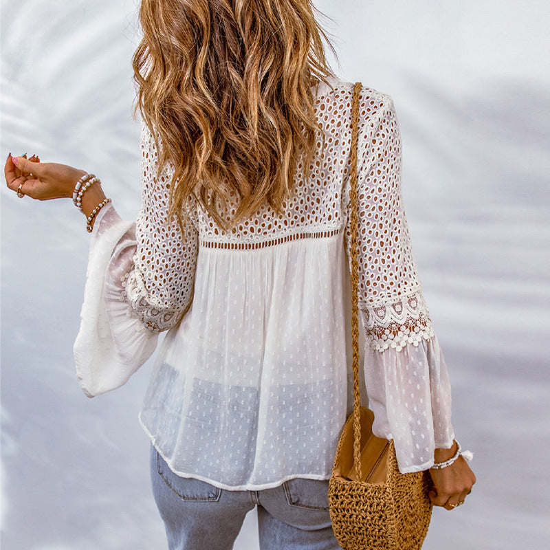 Women's Lace Crochet Hollow Out Cutout Top Women Summer Loose Pullover Chiffon Shirt