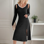 Winter Elegant Detachable Long-Sleeve V-Neck Black Knitted Dress