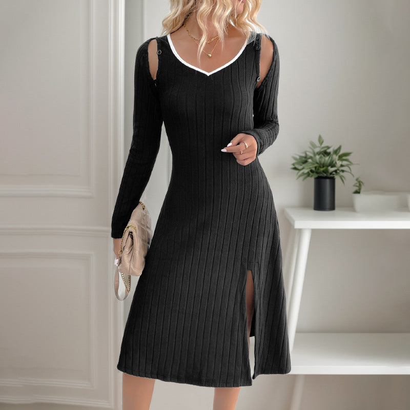 Winter Elegant Detachable Long-Sleeve V-Neck Black Knitted Dress