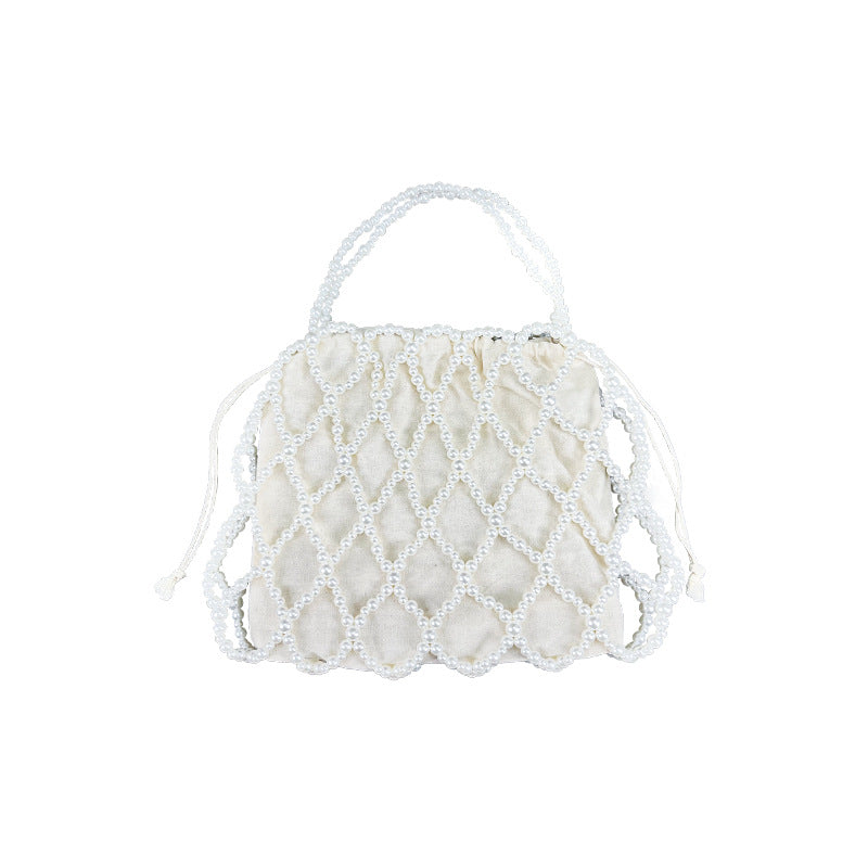 Women's French Vintage Handmade Beaded Bag All Matching Hollow Out Cutout White Imitation Pearl Acrylic Mobile Phone Bag