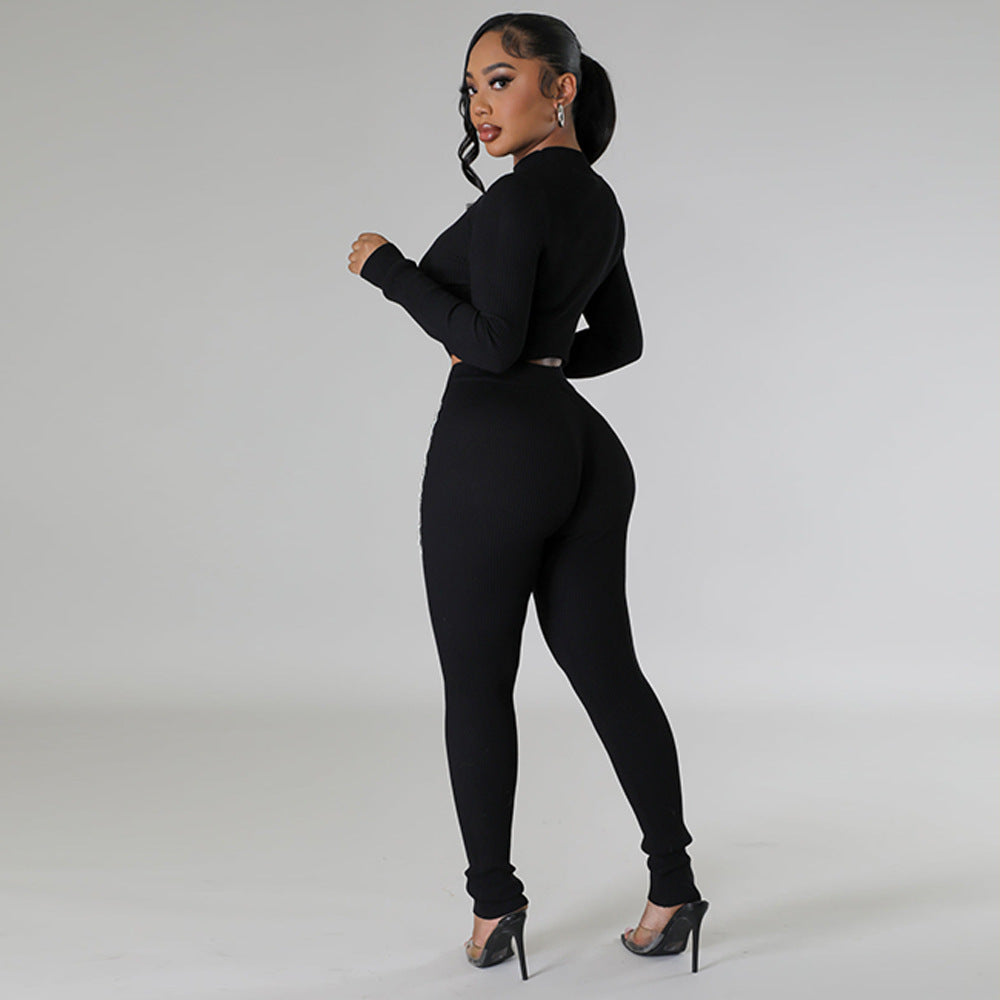 Women's Two Piece Suit Autumn Winter Long Sleeve Hollow Out Cutout