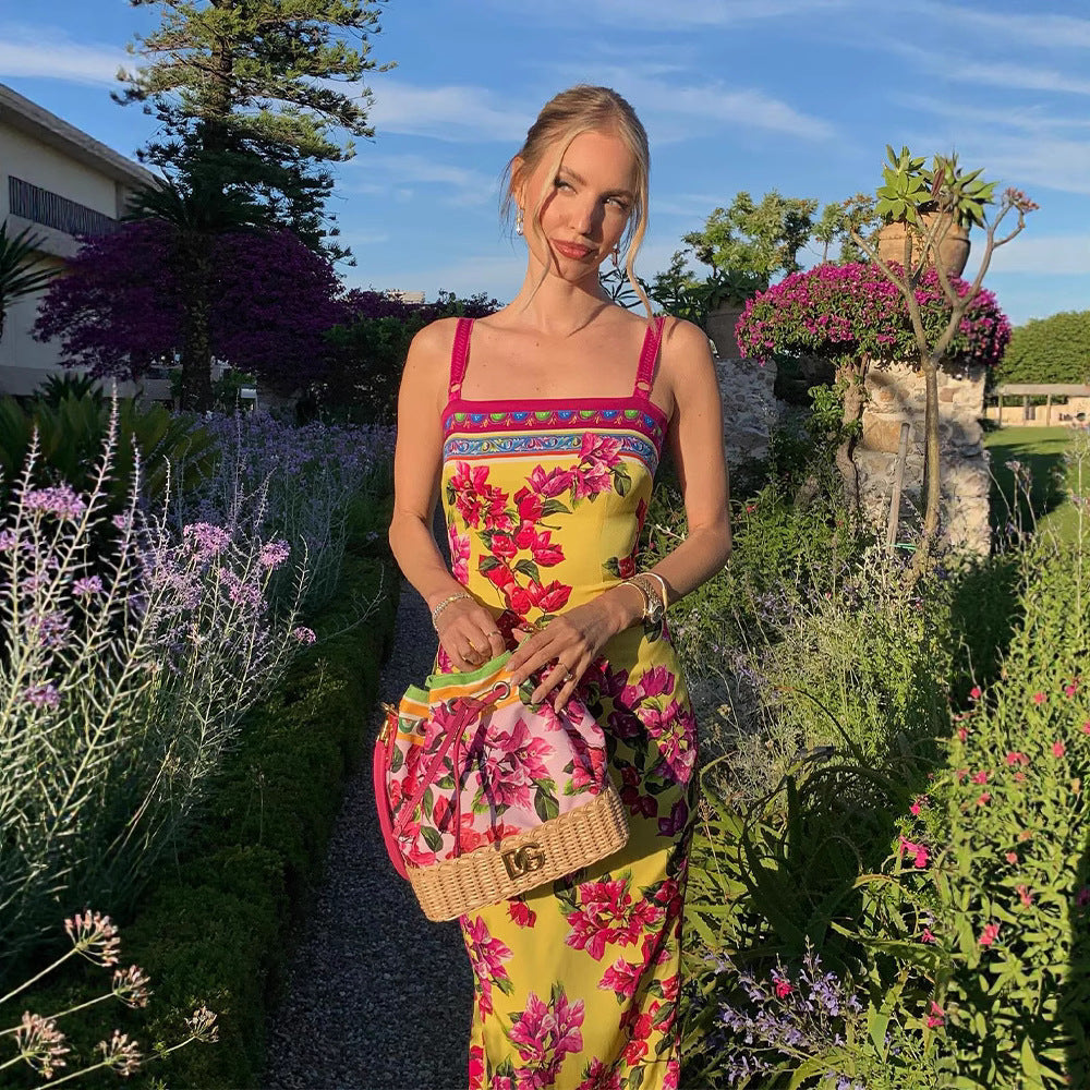 Women's Summer Ethnic Retro Printed Slim Fit Sheath Sling Dress Maxi Dress For Women