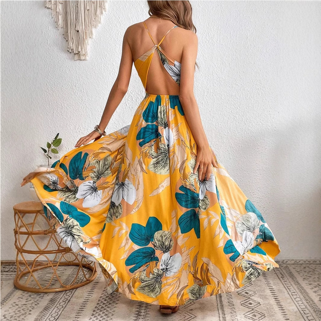 Tropical Print Cutout Maxi Dress