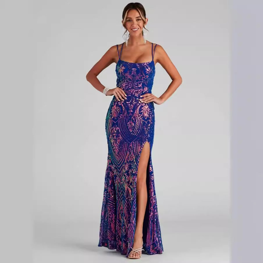 Women's off Neck Sequined Floor Length Evening Dress Slit Cocktail Party Dress for