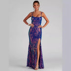 Women's off Neck Sequined Floor Length Evening Dress Slit Cocktail Party Dress for
