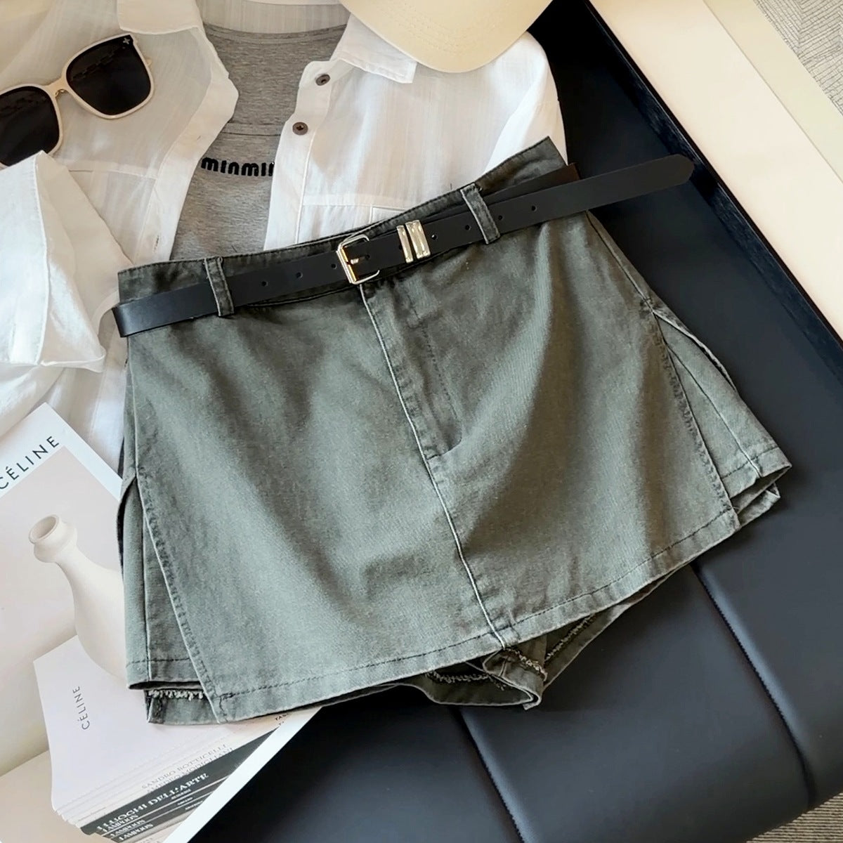 Retro Workwear HW Slimming Denim Short Culotte Women Autumn