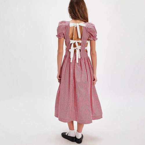 Vacation Dress Women Summer Plaid Backless Lace up Waist up Pure Bubble Sleeve Mid Length Dress