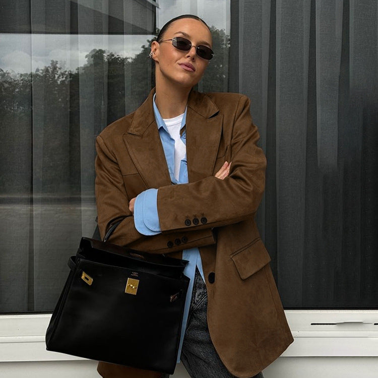 Retro Brown Suede Coat Maillard Blazers Top