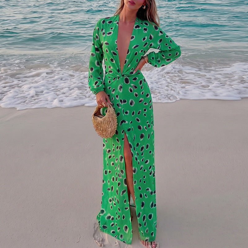 Women's Floral Print V-Neck Long-Sleeve Dress