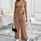 Clothing Autumn Winter Long-Sleeve Lace Up Set Solid Color Texture Basic All Matching Ladies Two-Piece Set