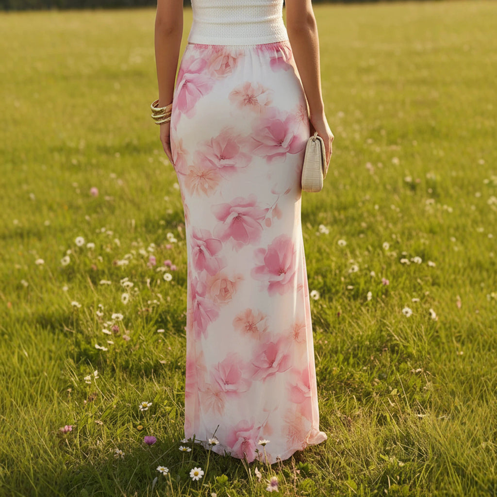 Summer Women Sexy Slim Vacation Mesh Floral Fishtail Skirt
