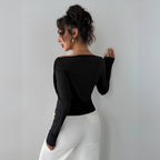 Shoulder-Baring Fitted Long Sleeve Office Top
