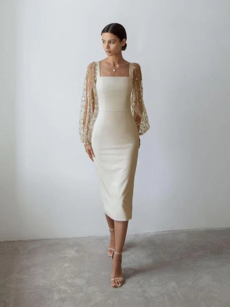 Embroidered Square-Neck Lantern-Sleeve Bodycon Midi Dress