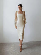 Embroidered Square-Neck Lantern-Sleeve Bodycon Midi Dress