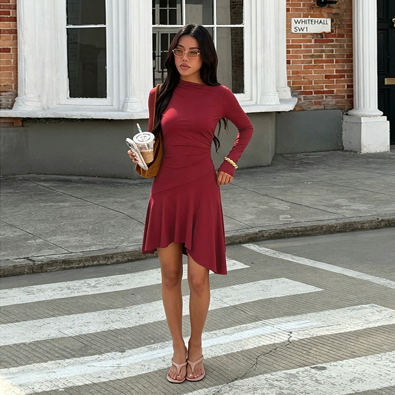 Women's Wine Red Ruffle Dress