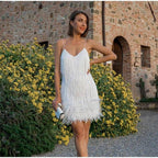 Sequin Fringe Feather V-Neck Sleeveless A-Line Mini Dress