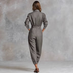 French Office Gray Long Sleeve Shirt Jumpsuit Brown Wide