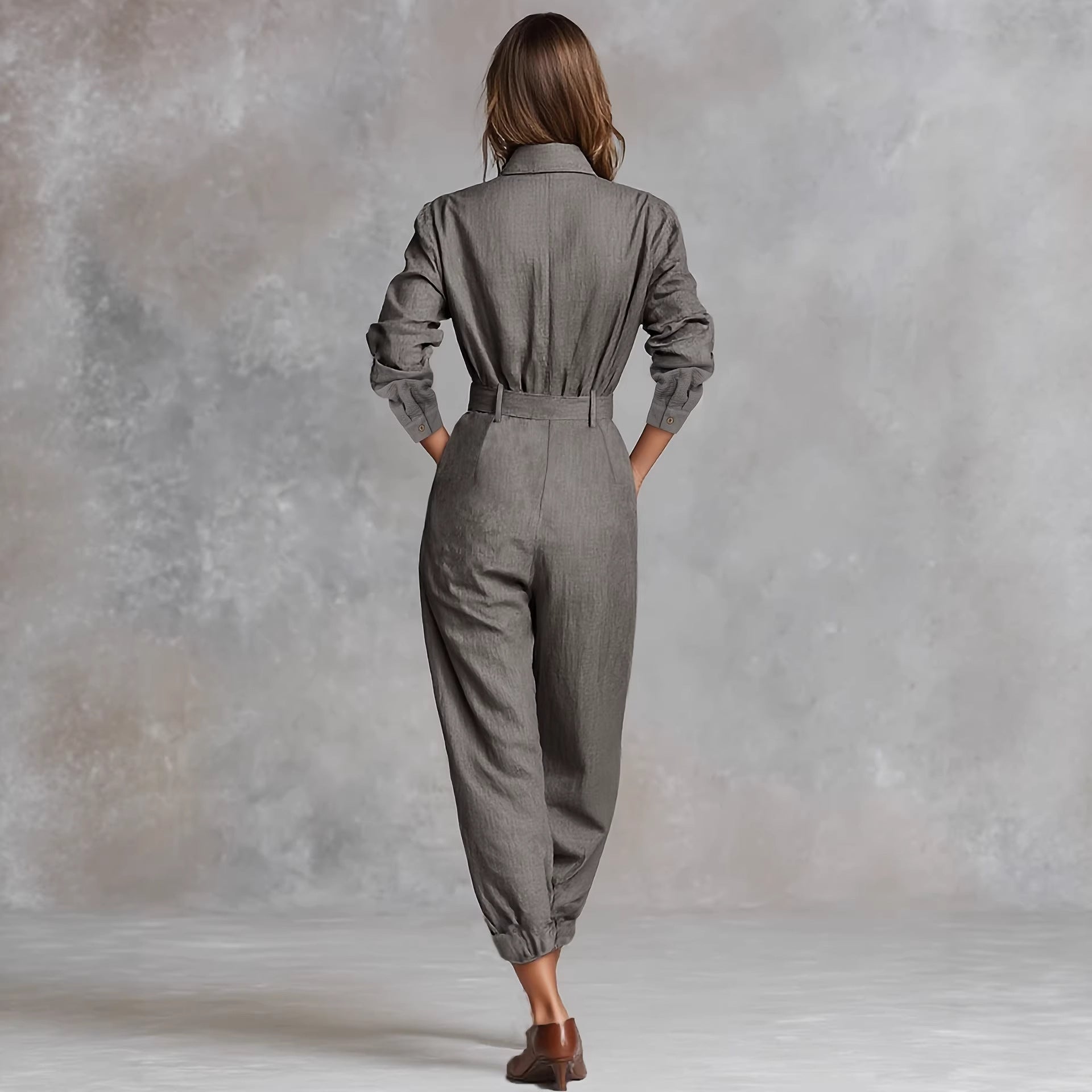 French Office Gray Long Sleeve Shirt Jumpsuit Brown Wide