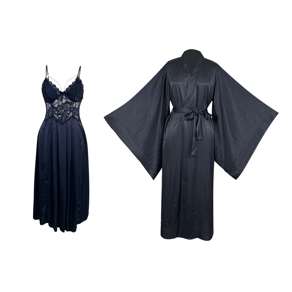 Satin Morning Gowns Two Piece Set Flared Sleeve Cardigan Outer Lace Dress