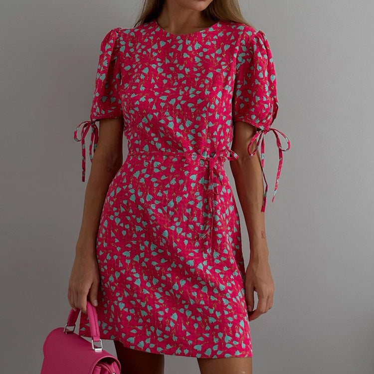 Floral Round Neck Short Sleeves Lace Up
