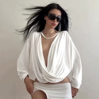 Women's Cross Swing Collar Batwing Sleeve Loose Blouse Solid Color