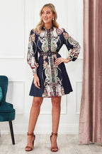 Women's Shirt Dress Vintage Floral Print Long Sleeves A- Line With Belt