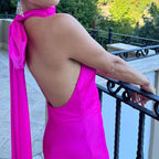 French Satin Lace-Up Backless Dress