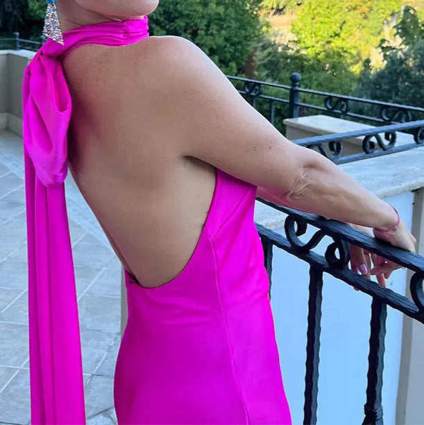 French Satin Lace-Up Backless Dress