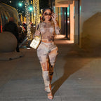 Spring Women round Neck Top Vintage Printed Slim Fit Figure Flattering Pants Set