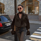 Scarf Bell Sleeve Loose Shirt Wild Collared Satin Shirt