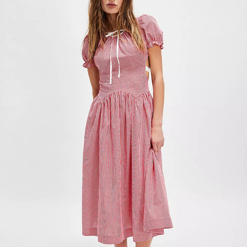 Women's Plaid Backless Lace-Up Midi Dress